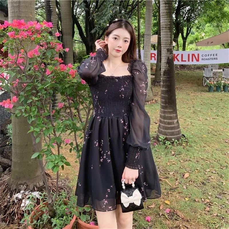 2021 Autumn Womens Sexy Black Dress Vintage Flower Long Puff Sleeve Chiffon Dresses Plus size Casual Mini Vestidos Mujer Clothes alx