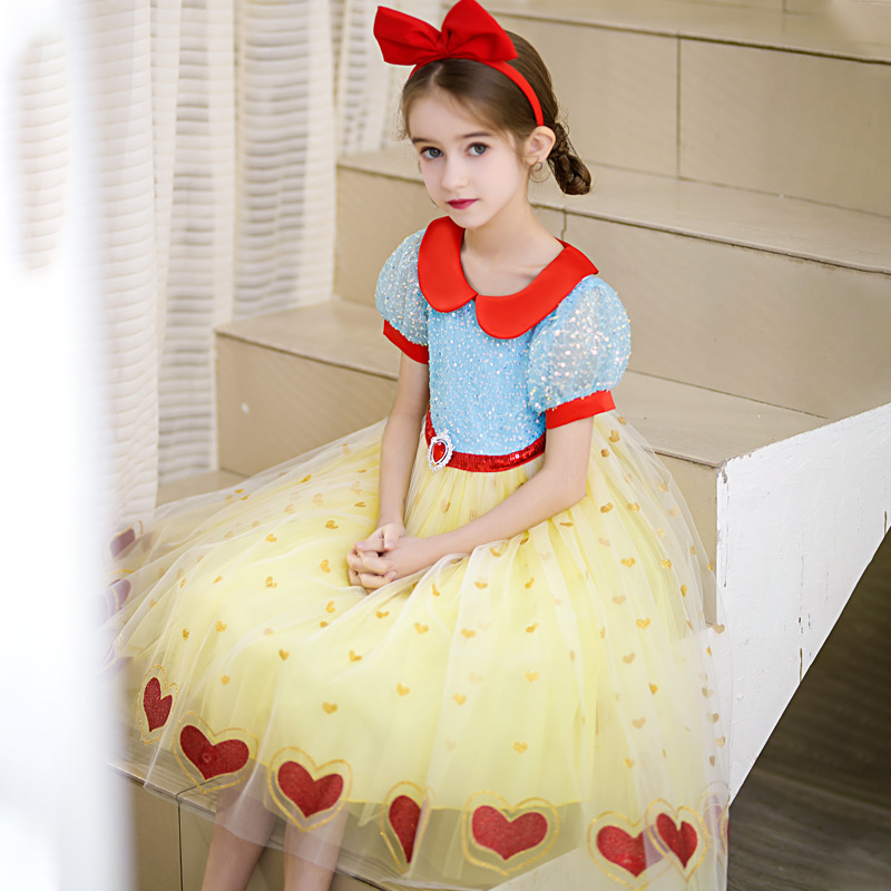 Snow White Princess Ball Gown Girls Sequins Gauze Dress Kid Halloween Xmas Party Cosplay Dress Short Puff Sleeve Skirt alx