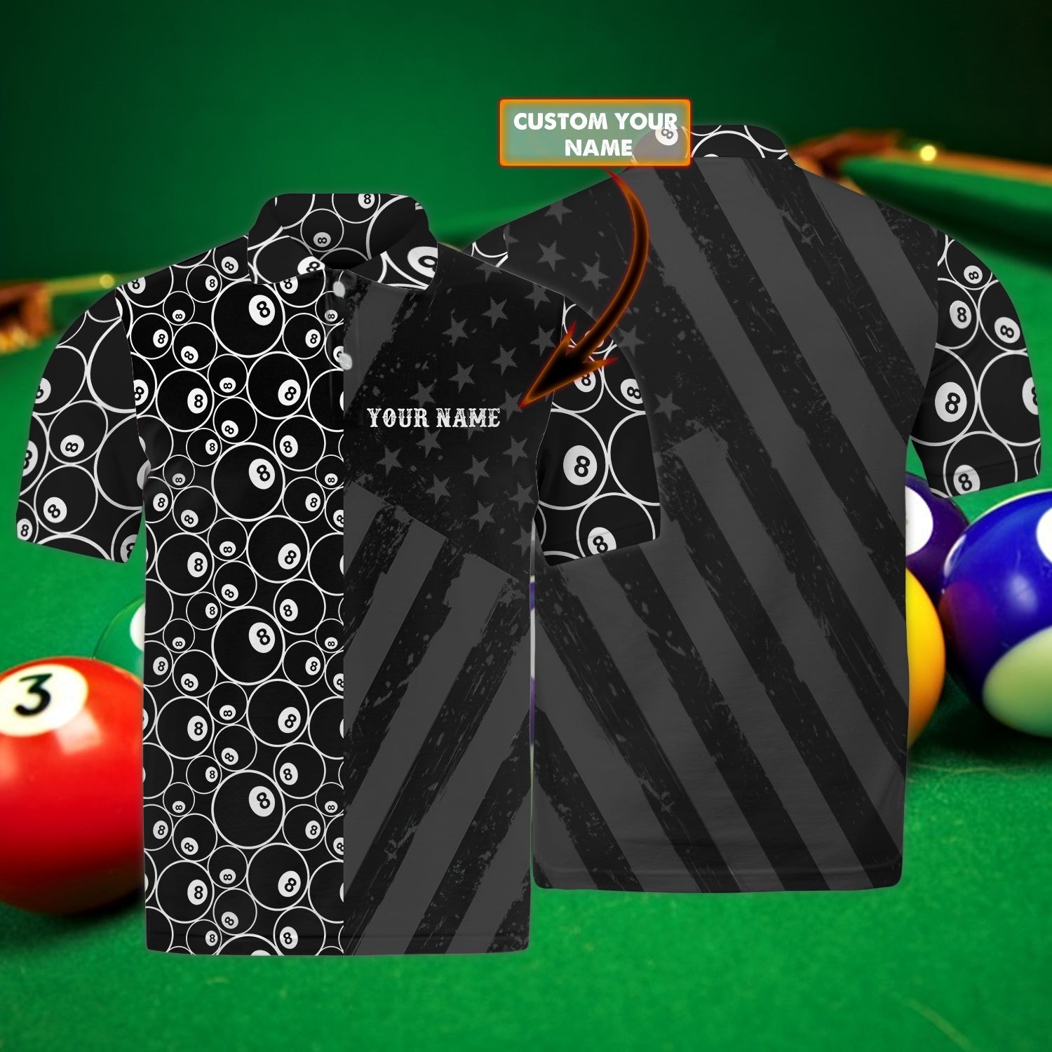 Billiard And American Flag Pattern All Over Printed Polo Shirt, Flag Shirt, Billiard Shirt