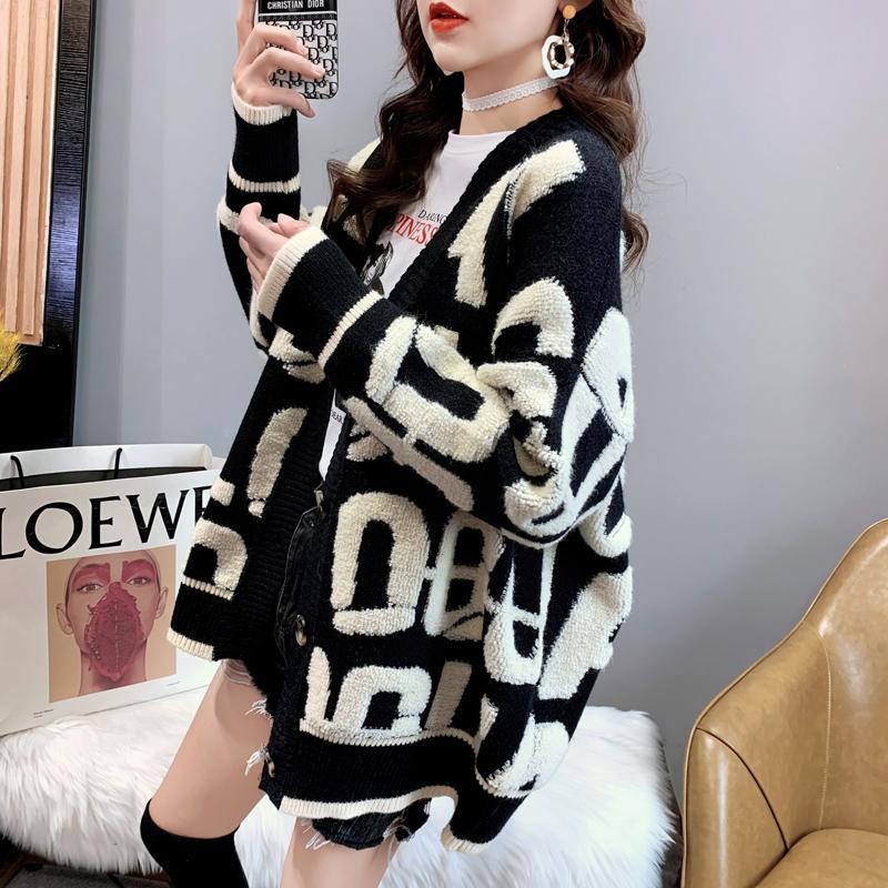 Winter knitted letter cardigan sweater coat 2021 new thickened cute cartoon embroidery V-neck cardigan women’s jacket alx