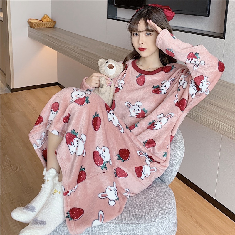 Winter Long Sleeve Print Thick Warm Flannel Nightgowns For Women Long Dress Coral Velvet Sleepwear Nightdress Night Dress Nighty alx