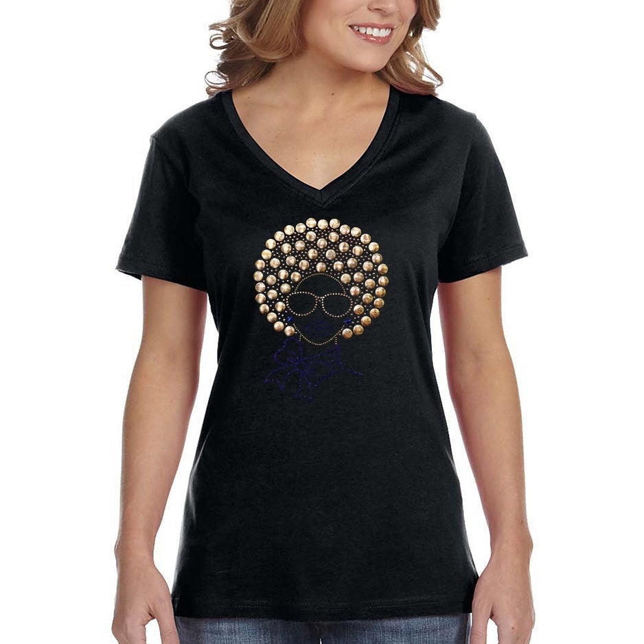 Xtrafly Apparel Women’S Afro Lady Gold Sequin Rhinestone Fashionista Sexy African Rasta Rastafari Jamaican Party Music Dj V-Neck T-Shirt