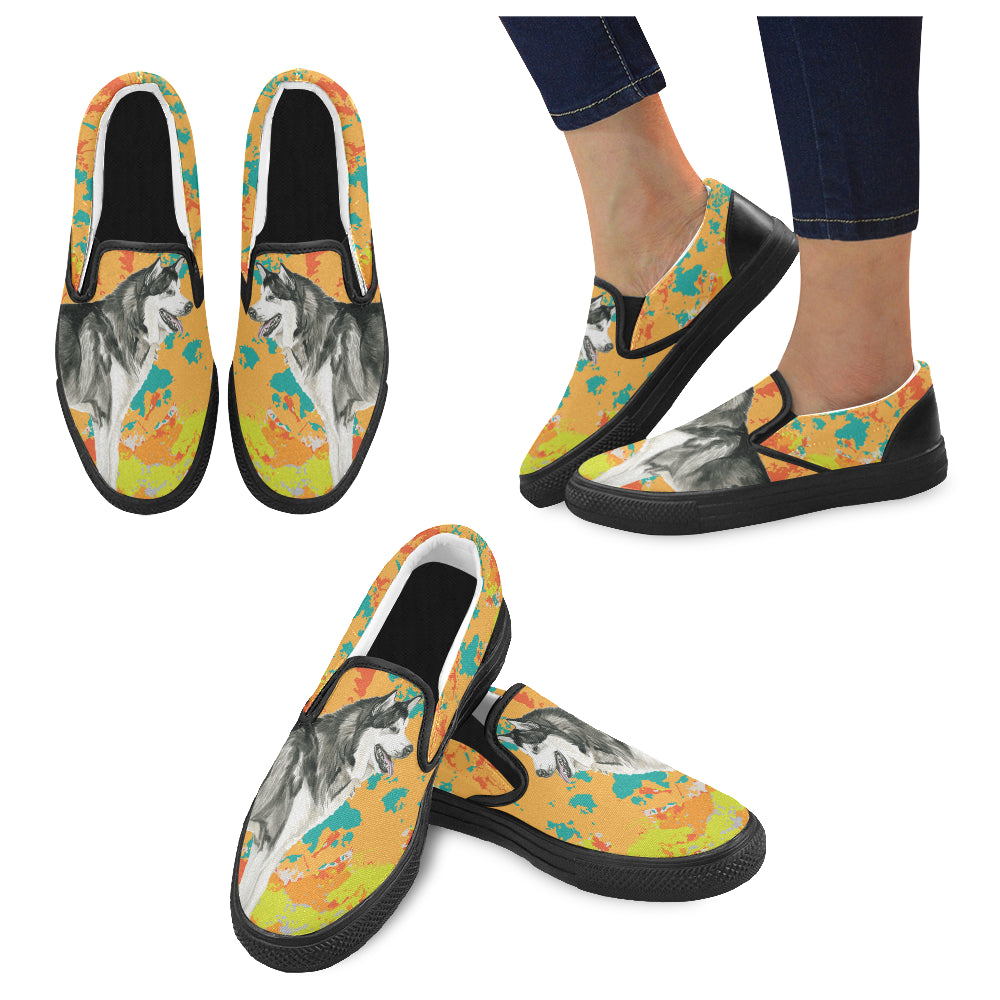 Alaskan Malamute Water Colour No.2 Black Women’s Slip-on Canvas Shoes