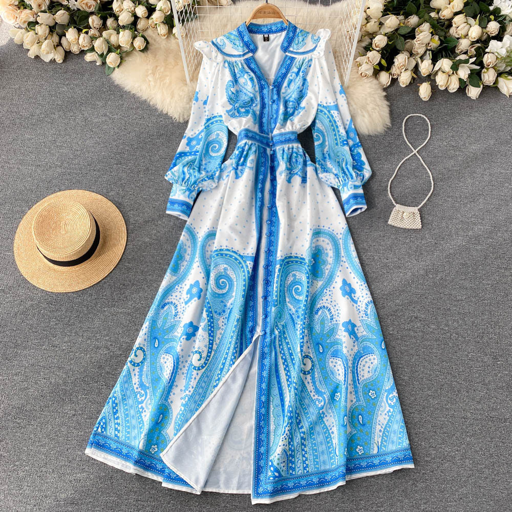 Платье Женское Palace Retro Printing Women’s Dress Long Sleeve Single Breasted A-Line Elegant Shirts Dresses Vestidos Robe alx