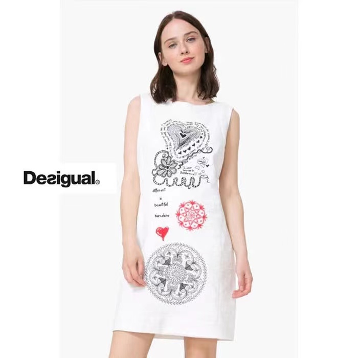 spain D Deshigao Autumn Round Neck White Embroidered Slim Waist Sleeveless Tank Dress alx