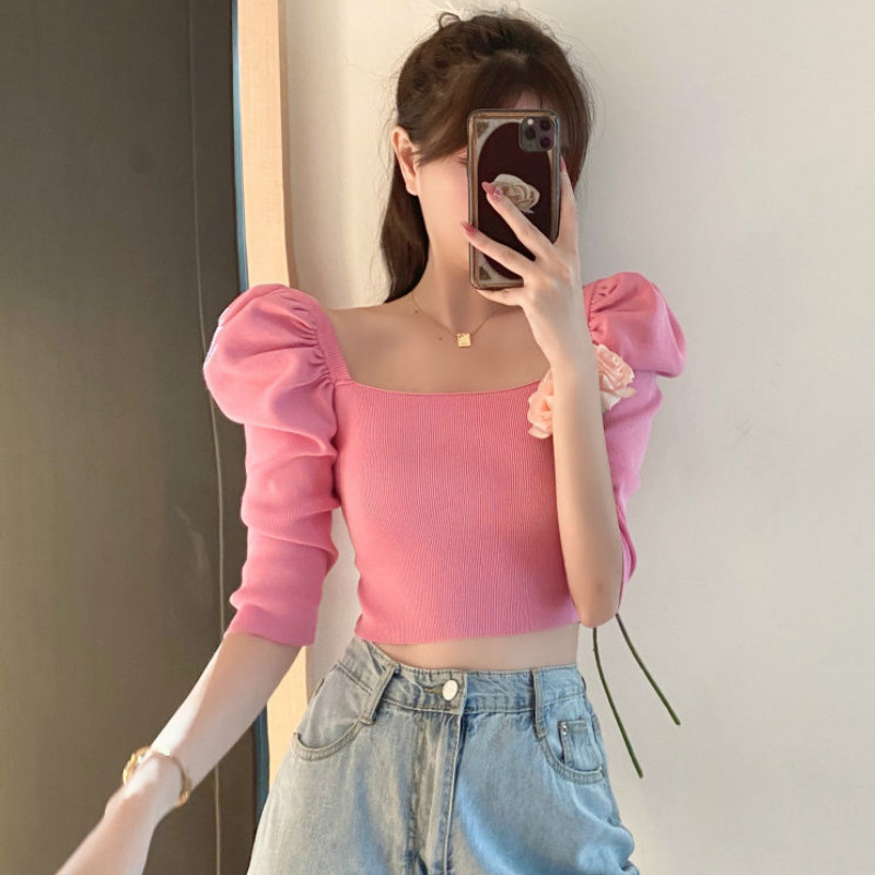 Tinomiswa Ruched Puff Sleeve Slim Knitted Tshirts Spring 2021 New Square Collar Solid Fashion Crop Top Korean Sexy Lady Tees alx