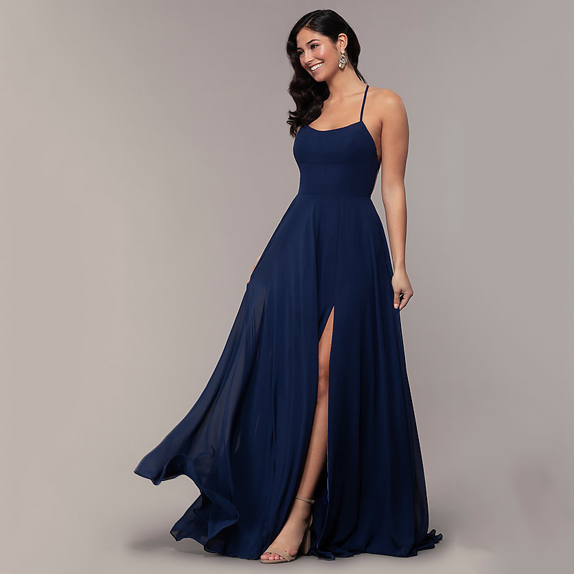 AE40 Navy Blue Plus Size Prom Dresses A-Line Backless Sleeveless Elegant Chiffon Formal Party Gowns Vestido alx