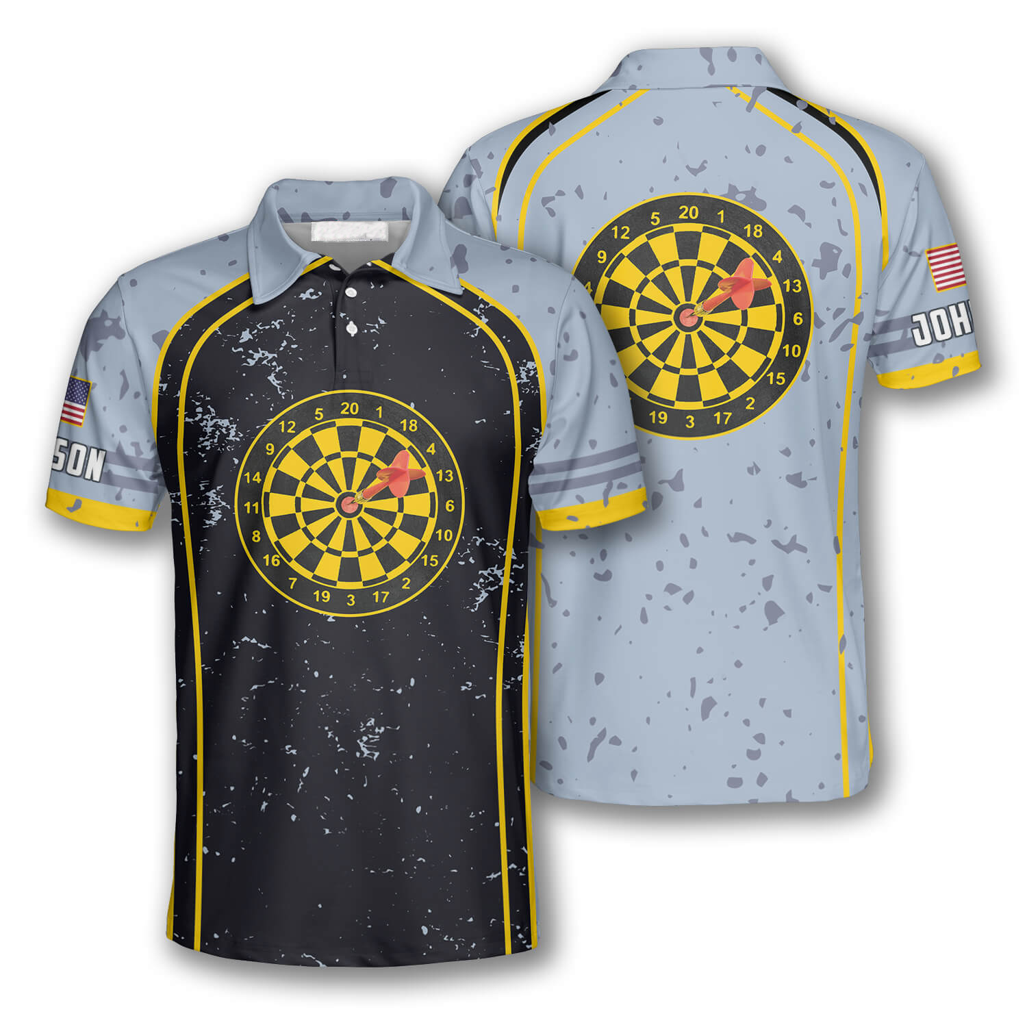 Darts Grunge Style Yellow Dart Board Custom Polo Shirts For Men, Usa Dart Player