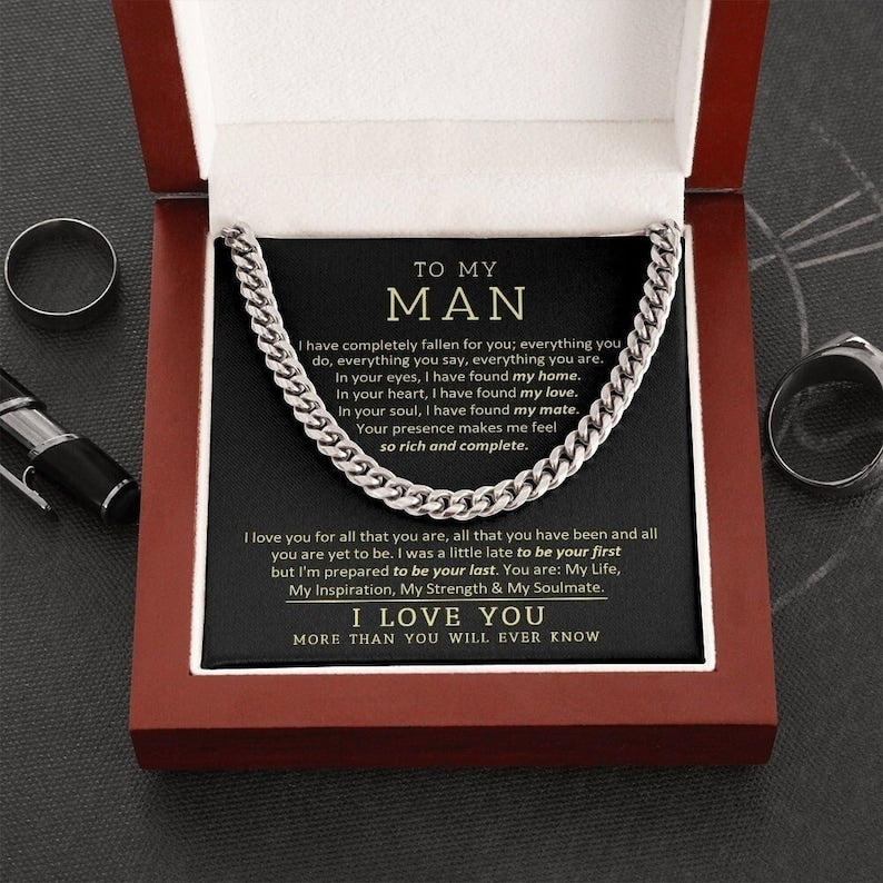 To My Man Cuban Link Chain  Necklace For Men, Anniversary Gift For Boyfriend Necklace, Boyfriend Birthday Gift For Him, Presents For Boyfriend