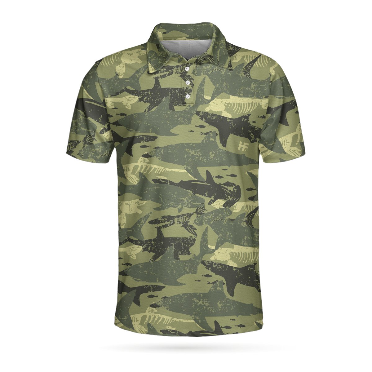 Camouflage Shark Pattern Short Sleeve Polo Shirt, Camo Military Polo Shirt, Best Shark Shirt For Men