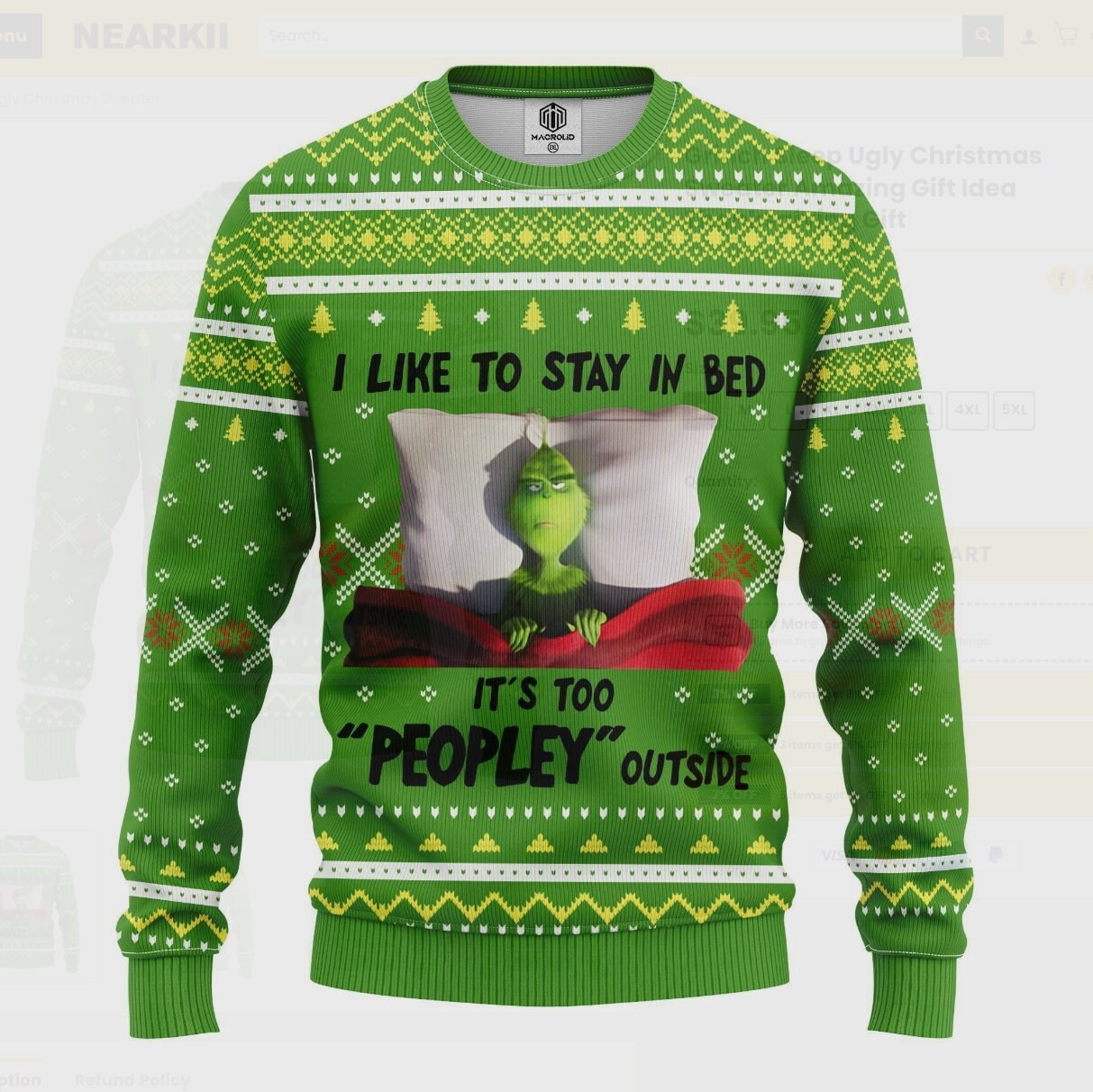 Grinch I Like To Stay In Bed It’S Too Peopley Outside Ugly Knitted Christmas Sweatshirt, Christmas Sweater, Ugly Christmas Sweater