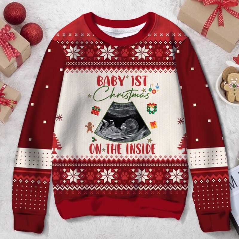 Personalized Baby 1St Christmas On The Inside Ugly Sweater, Custom Sonogram Photo Upload Gift, Pregnancy Announcement Gift