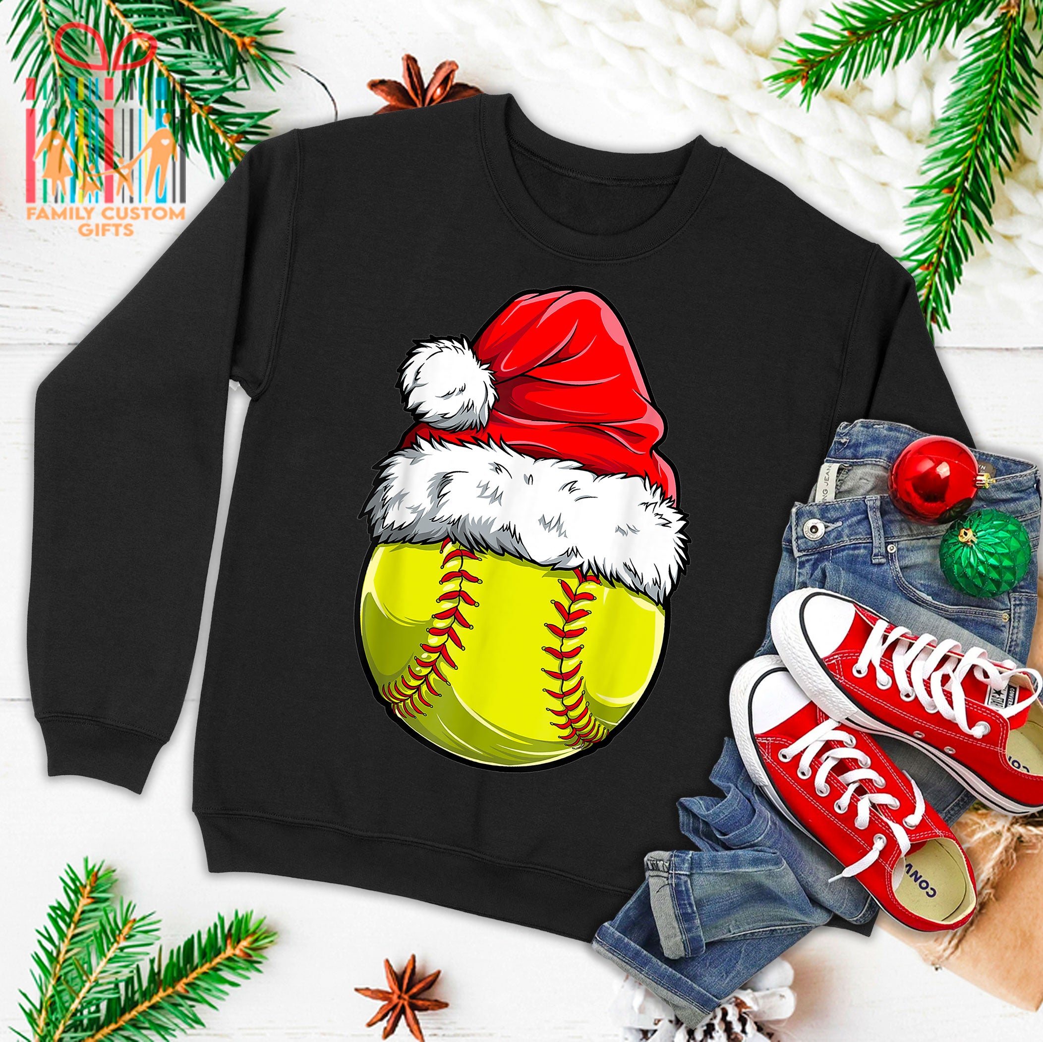 Softball Ball Santa Christmas Girls Funny Xmas Hat Sport Ugly Christmas Sweater T-Shirt