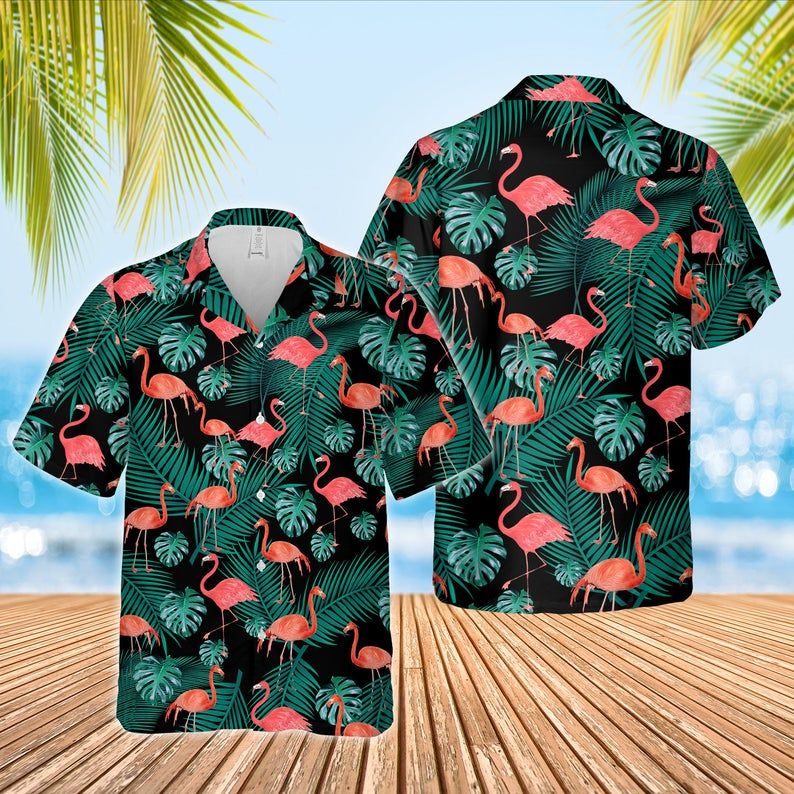 Flamingo Palm Hawaii Graphic Print Short Sleeve Hawaii Casual Shirt Ha40301