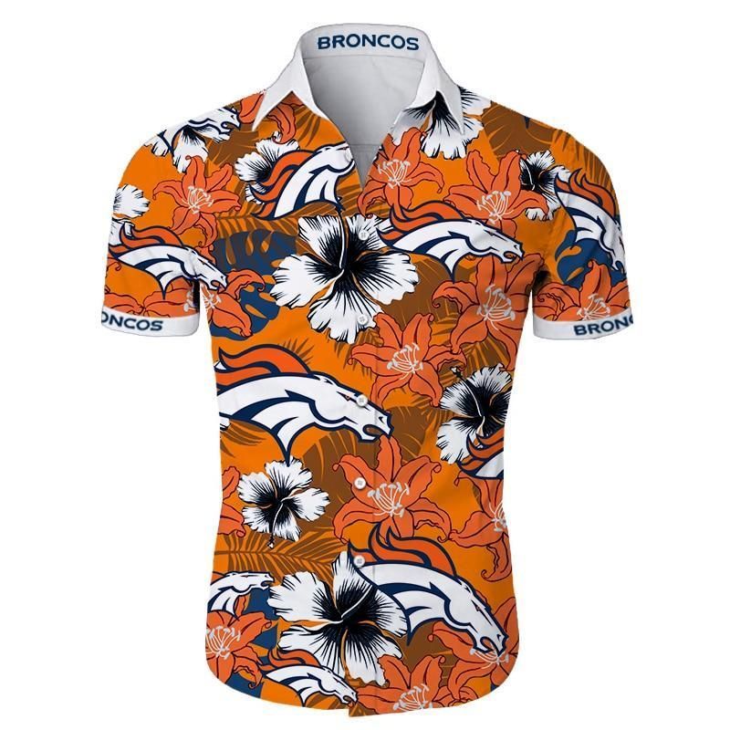 Denver Broncos Hawaiian Aloha Shirt Tropical Flower Shorts Sleeve Slim Fit Body Hawaiian Shorts Beach Short Sleeve