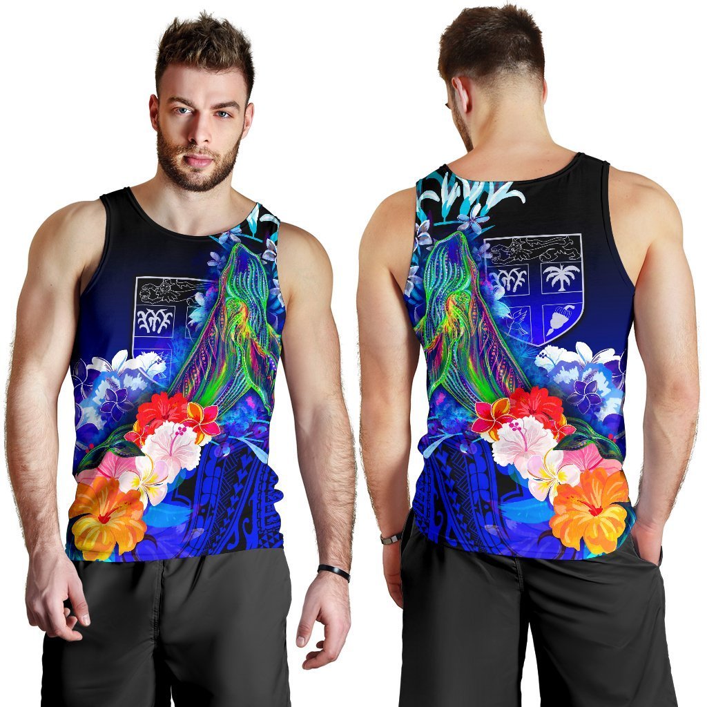 Fiji Men’S Tank Top – Humpback Whale With Tropical Flowers (Blue)