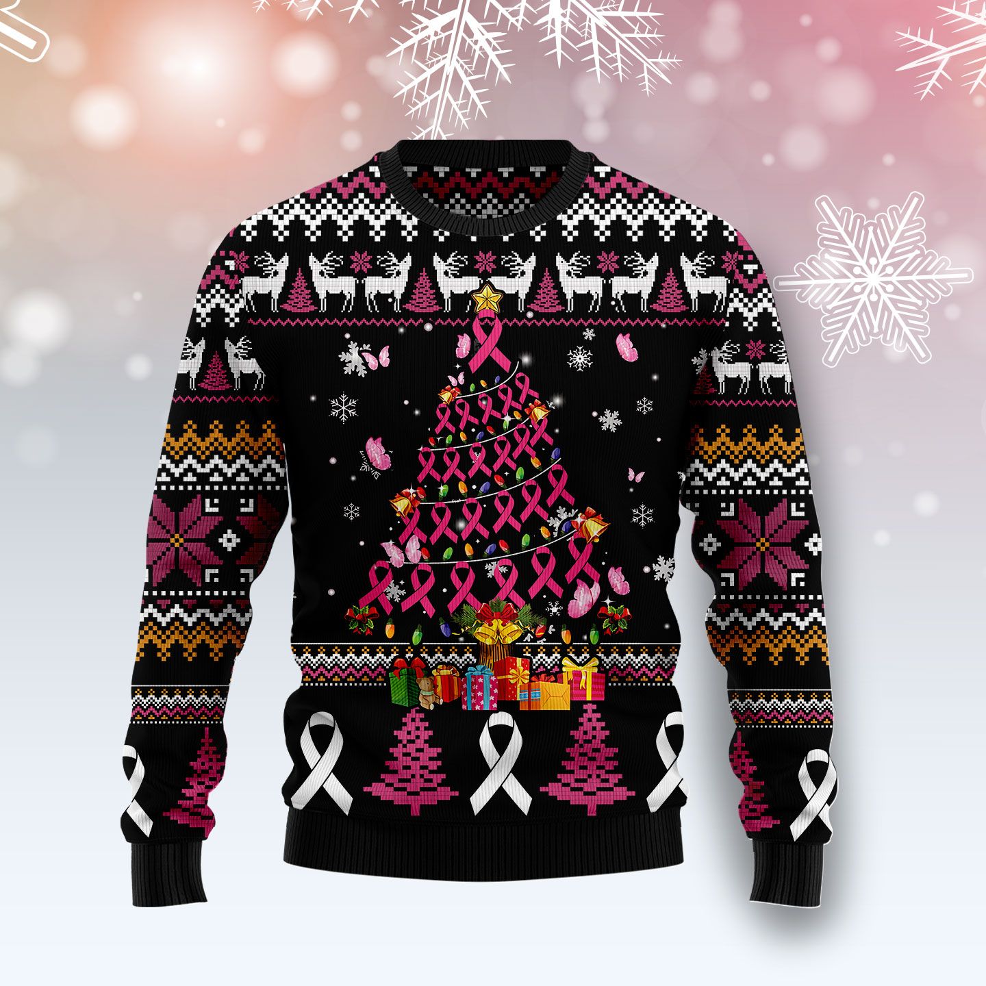 Breast Cancer Awareness Christmas Tree Ugly Christmas Sweater | For Men & Women | Adult | Us5028