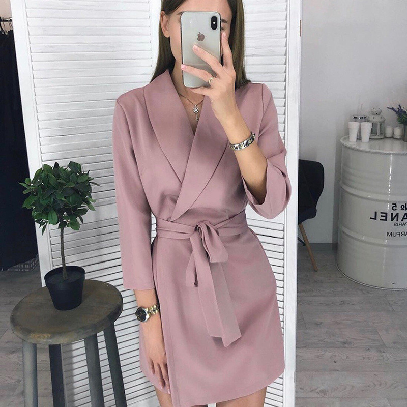 Women Vintage Sashes A-line Party Mini Dress Long Sleeve Notched Collar Solid Casual Elegant Dress 2020 Autumn New Fashion Dress alx