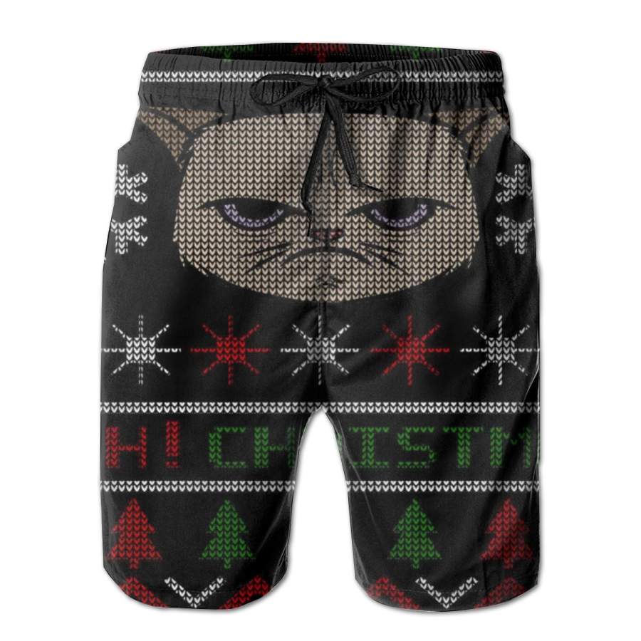 2 Pack MEH! Christmas Cat Ugly Sweater Poster Men Swim Trunks Drawstring Elastic Waist Quick Dry Beach Shorts with Mesh Lining Swimwear Bathing Suits