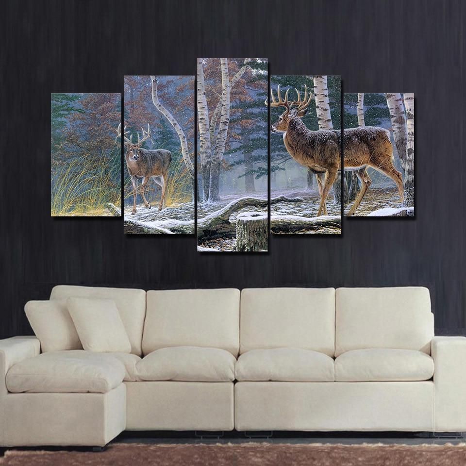 Snow Deer Couple In Forest Animal 5 Panel Canvas Art Wall Decor