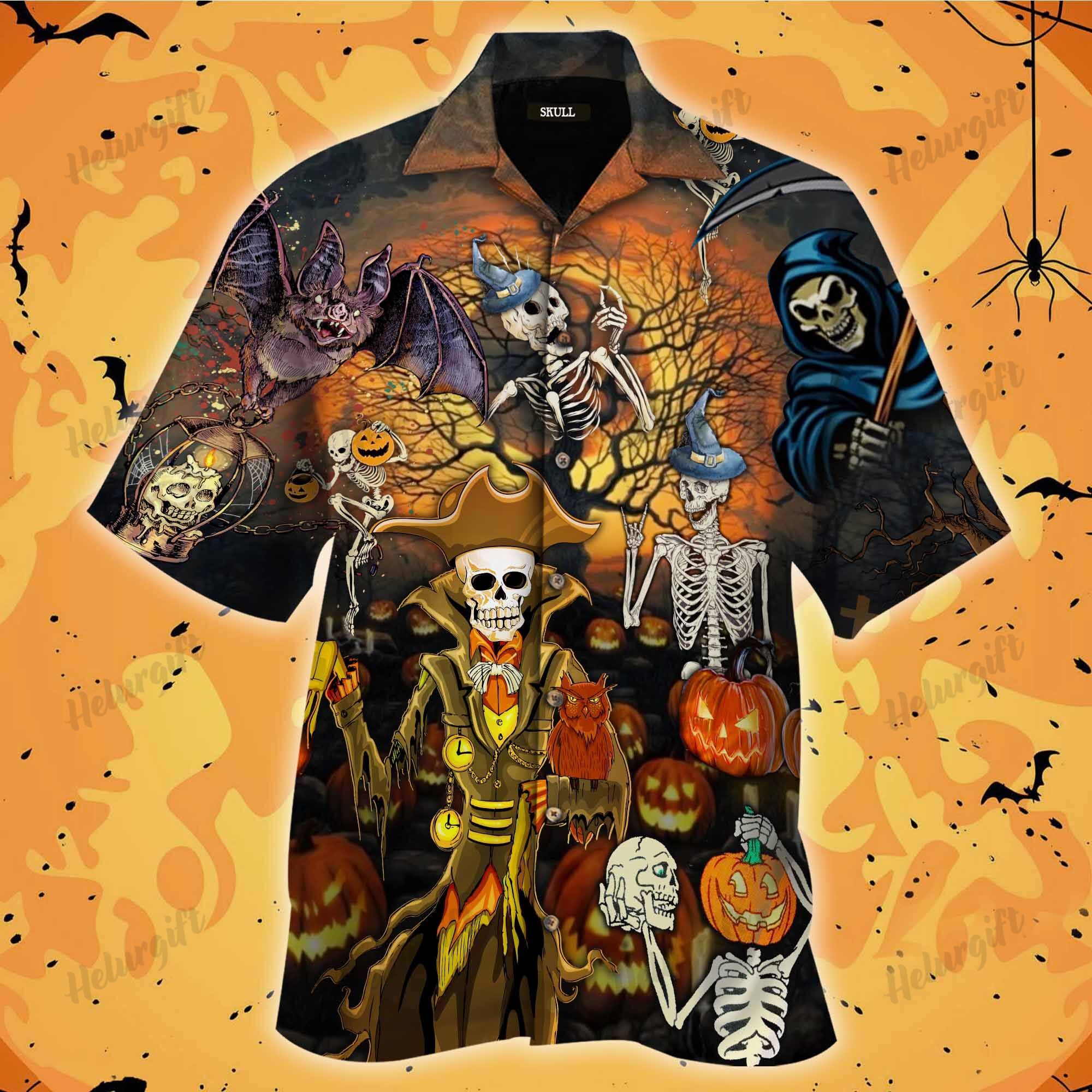 Halloween Skull Under Tree Pumpkin Hawaiian Aloha Short Sleeve Shirt Ha44213