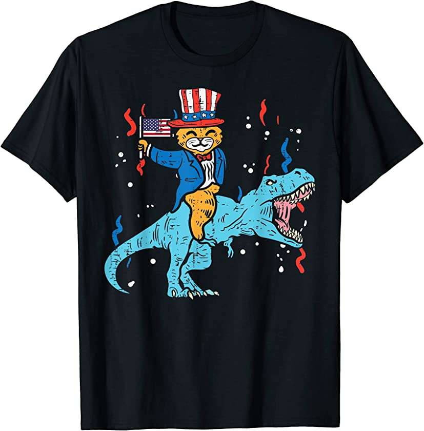 Cat T-Rex Dinosaur US American Flag 4th Of July Fourth Boys T-Shirt