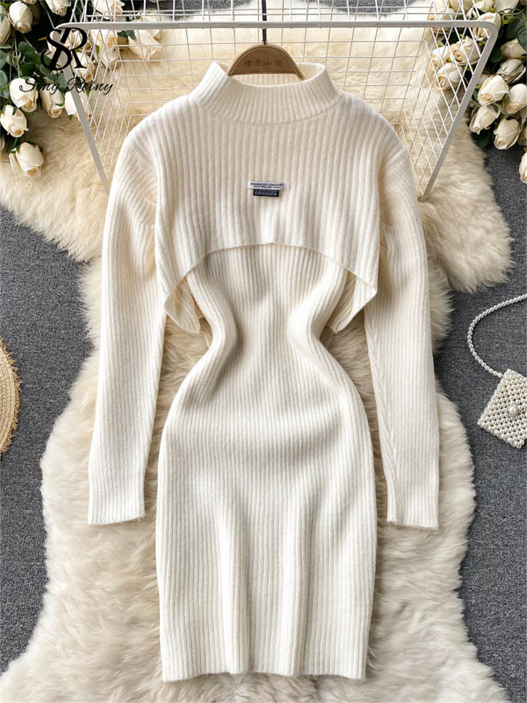 SINGREINY Winter Solid Sexy Sweater Sets Short Half High Collar Knitwear+V Neck Camis Dress Women Warm Knitted Two Pieces Suits alx