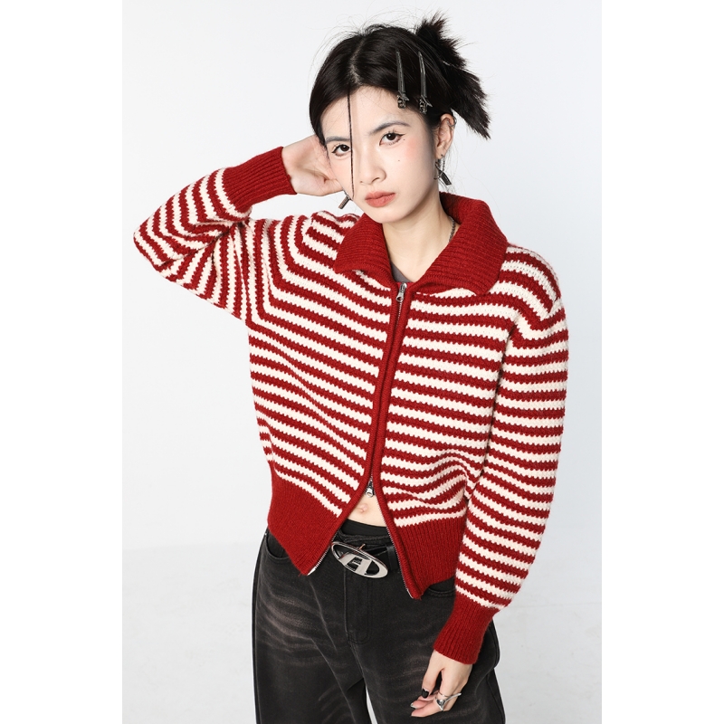 Women Red Stripe Cardigan Sweater Short Double Zipper Outerwear Fashion Vintage Lazy Wind Winter Long Sleeve Knitting Coat alx