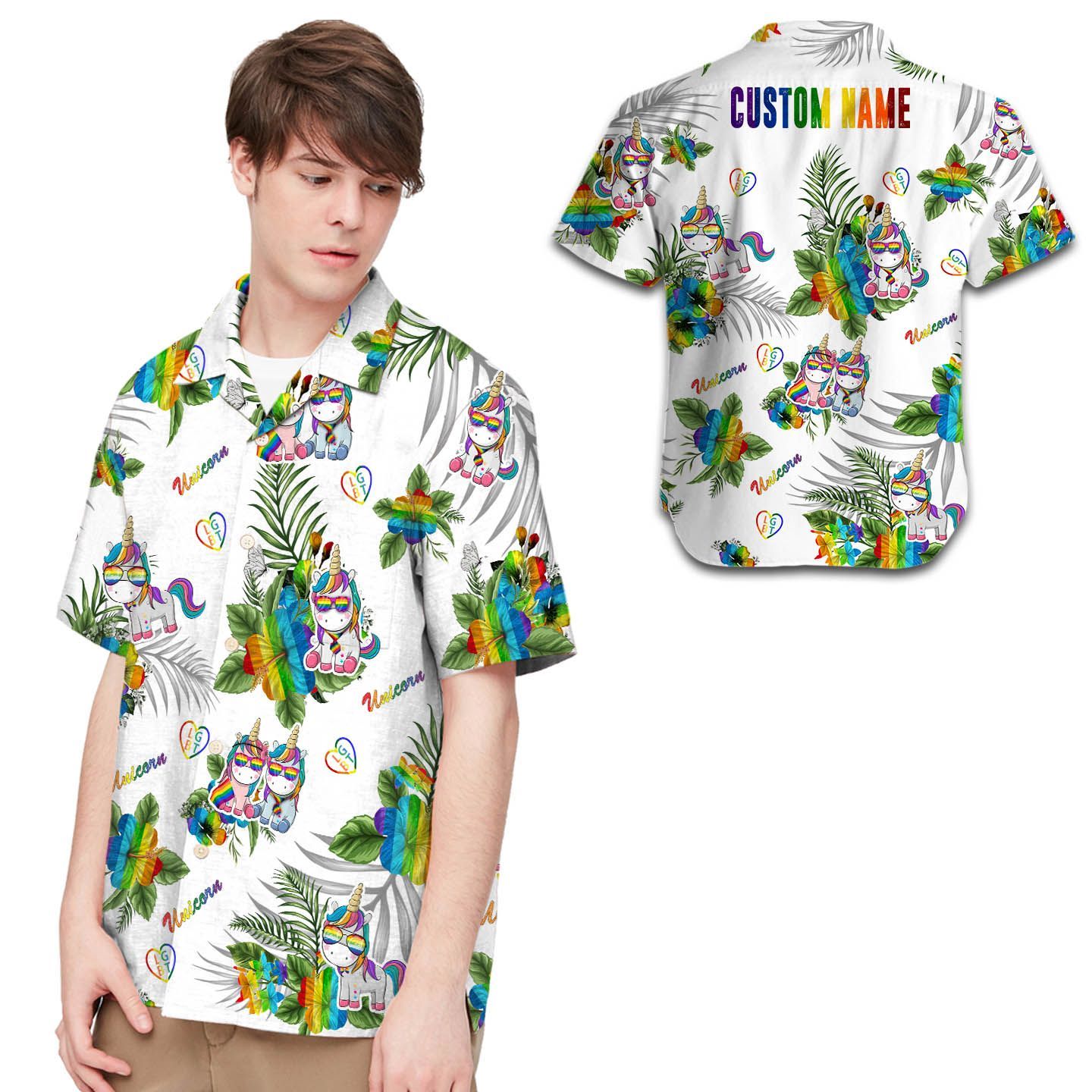 Lgbt Unicorn Hibiscus Flowers Custom Name Men Hawaii Shirt For Lovers Ha36282