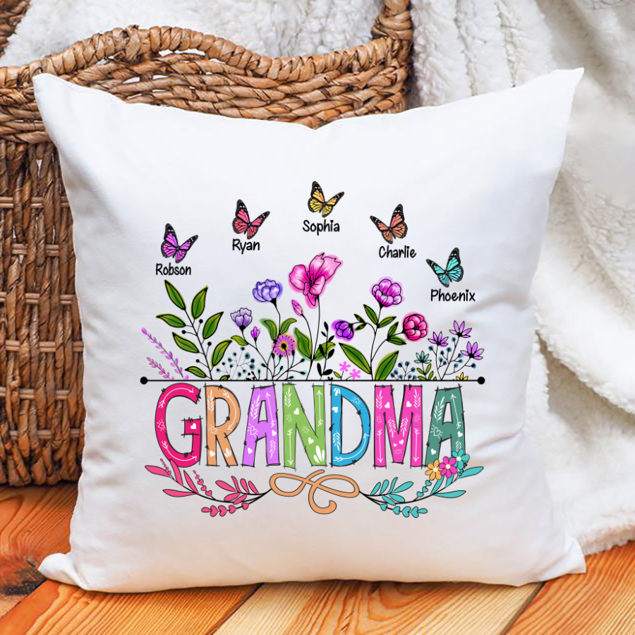 Personalized Grandma And Grandkids Butterfly Indoor Pillow