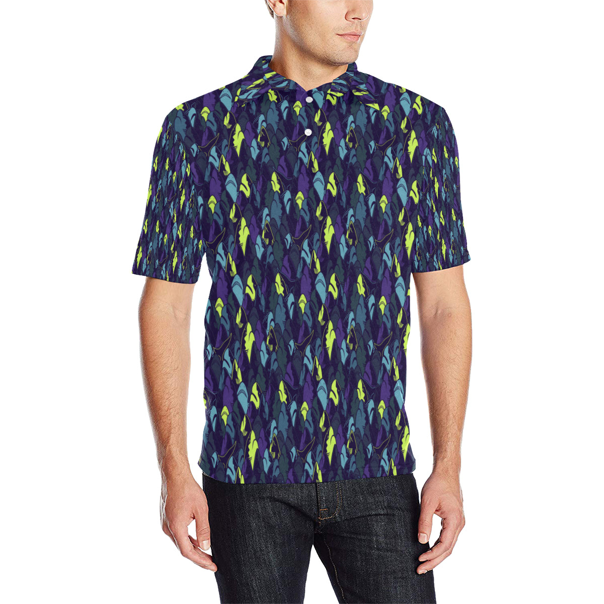 Shark Neon Color Print Men Polo Shirt