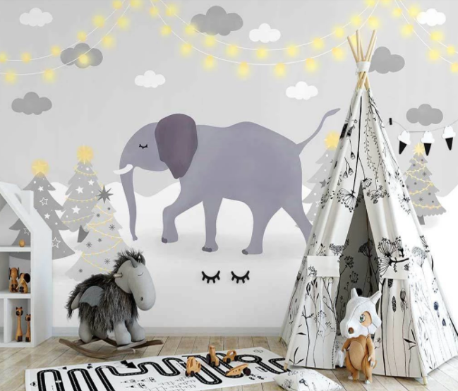 3D Cartoon Elephant Animal Tree Star Cloud Wall Mural Wallpaper Lxl