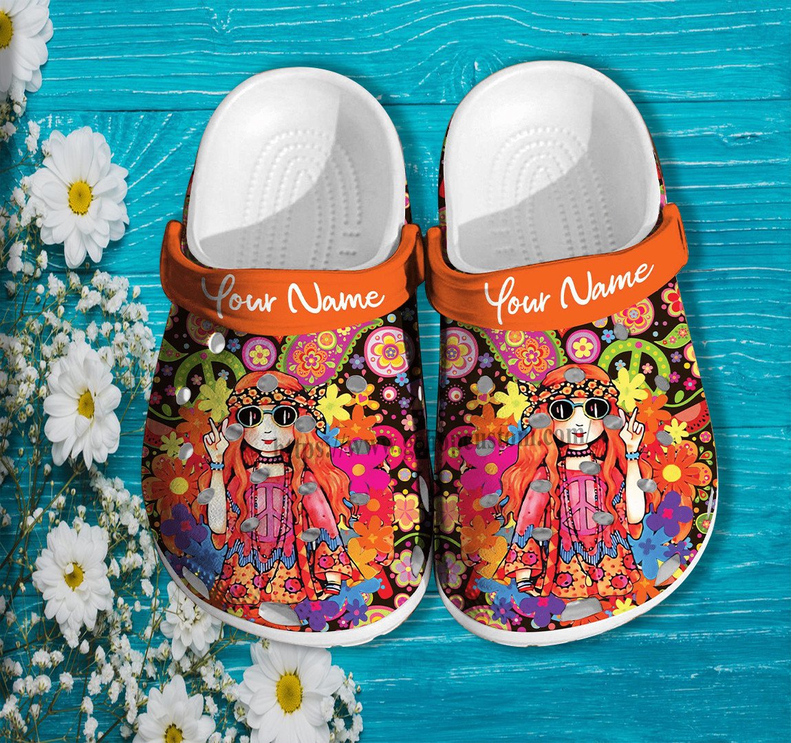 Hippie Girl Peace Orange Crocs Shoes Birthday Gift Daughter Niece- Hippie Flower Peace Girl Shoes Croc Clogs Customize – Cr-Ne0157