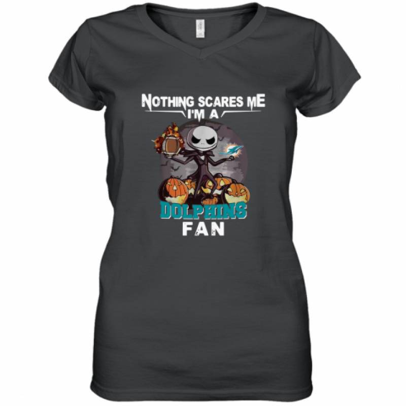 Jack Skellington nothing scares me I’m a Miami Dolphins fan shirt Women’s V-Neck T-Shirt