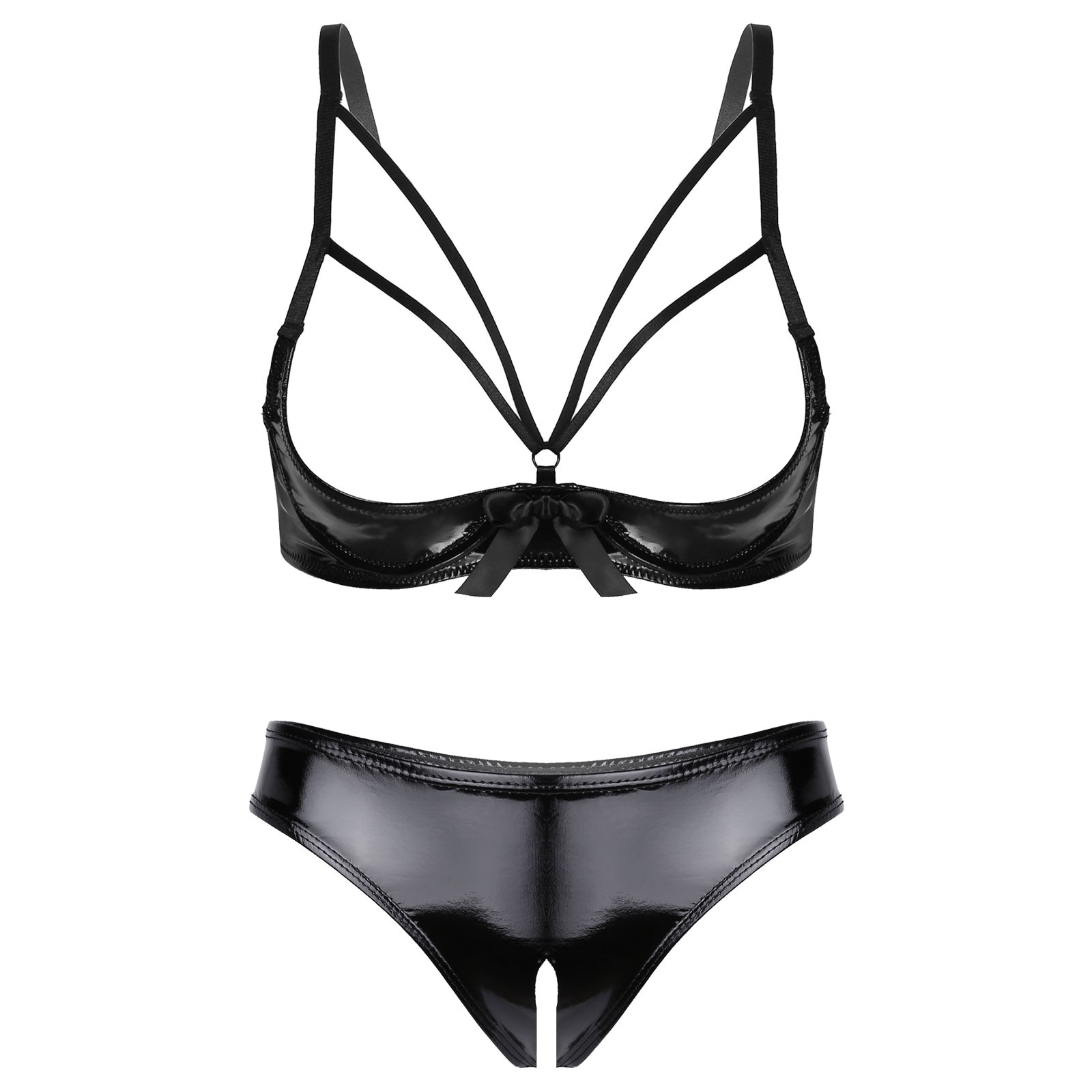 Women Sexy Half Cup Open Nipple Bra Black Wet Look Patent Leather Lingerie Set Underwired Bra Top with Crotchless Briefs Panties alx