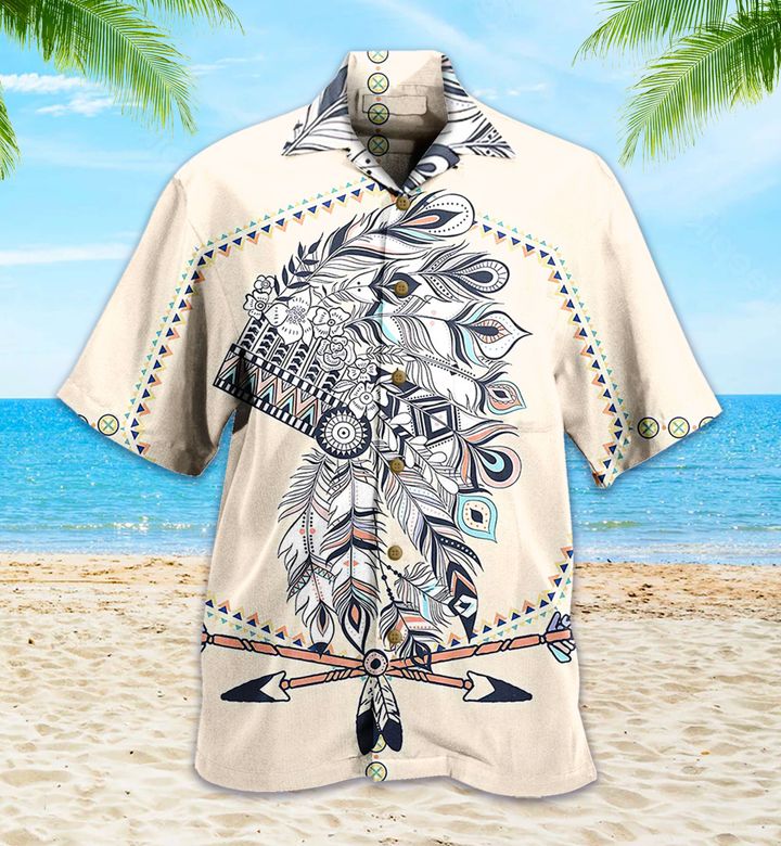 Tribal Indian Feathers Native American Beige Hawaii Shirt Ha3616