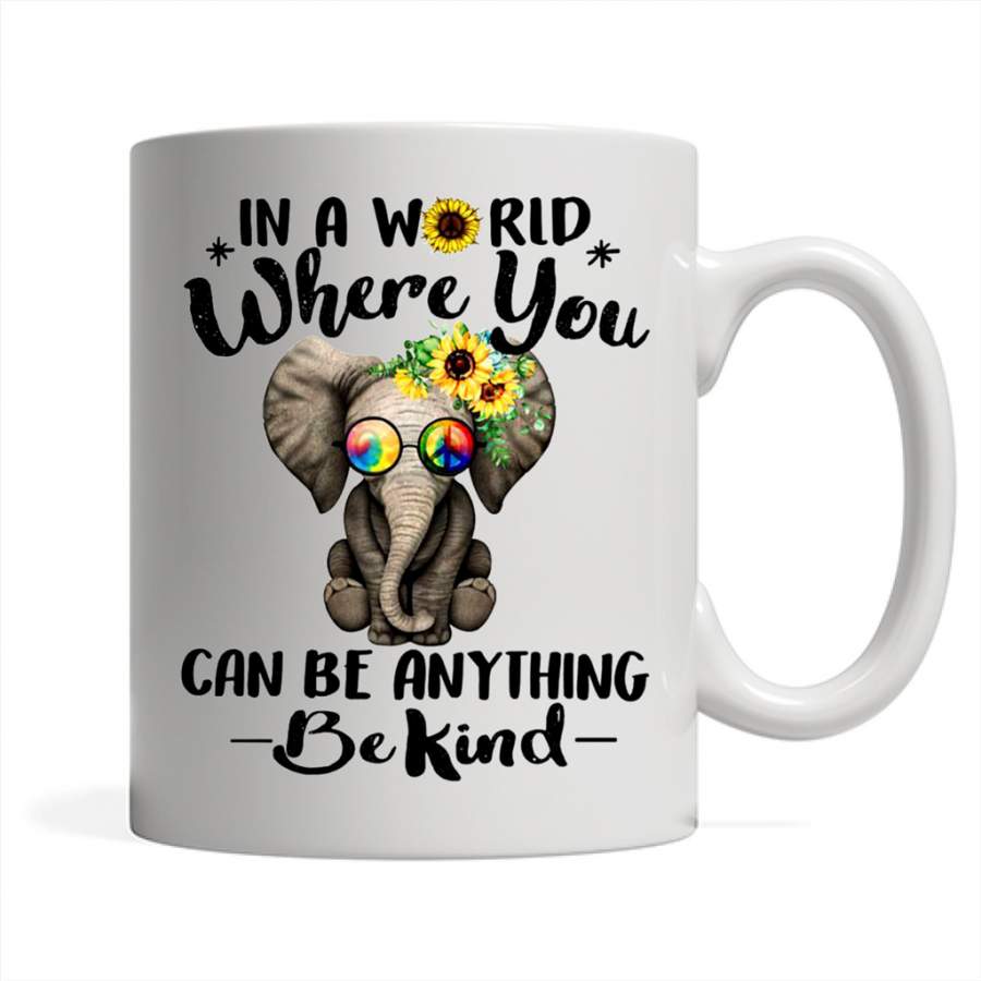 In A World Where You Can Be Anything Be Kind Floral Elephant ,Hippie Peace sign – Full-Wrap Coffee White Mug