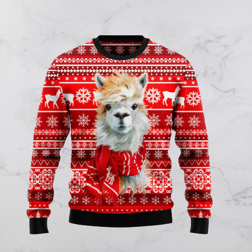 Unifinz Llama Christmas Sweater Llama Wearing Scarf Christmas Pattern Red White 3D Ugly Sweater 2022