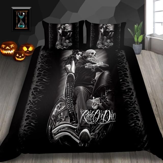 Black Motorbike Motorcycle Skull Quilt Bedding Set