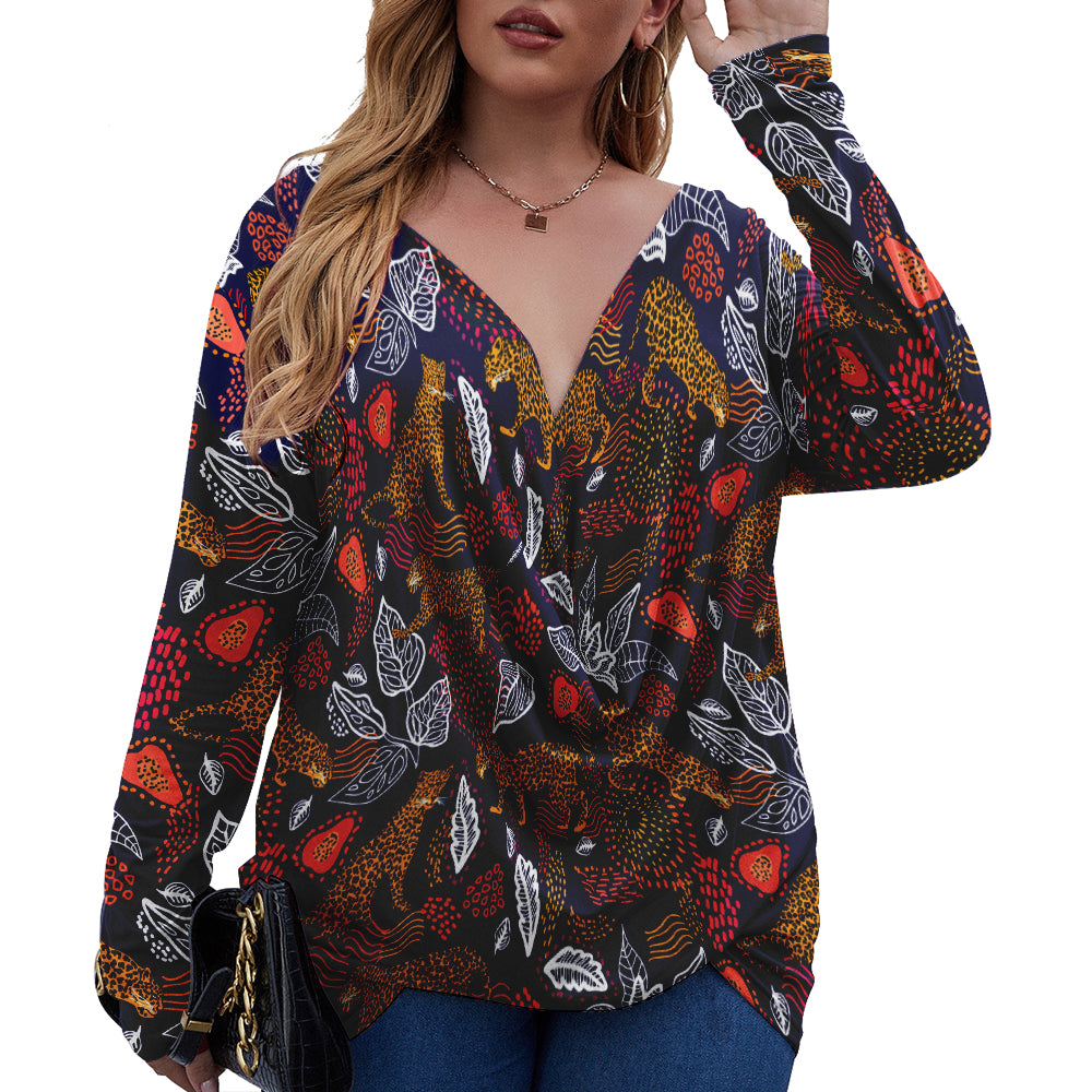 Darkness Jungle Leopard V-Neck Long Sleeve Plus Size T-Shirt