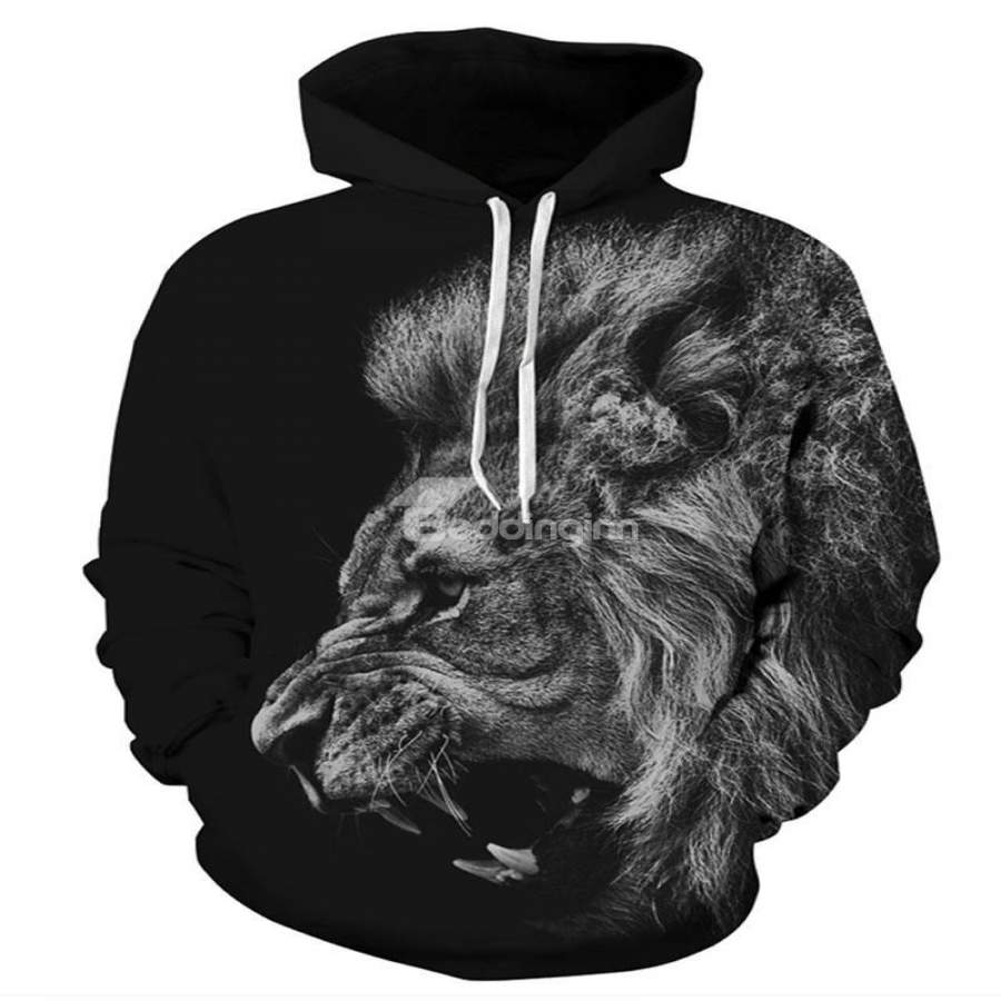 Unique Long Sleeve Grey Lion Face Roar Pattern Pocket 3D Painted Hoodie