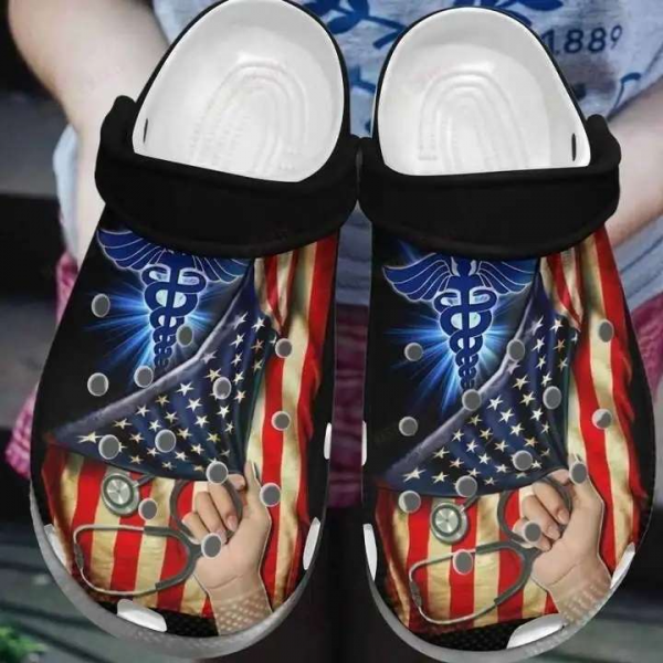 Nurse American Flag Nursing Symbol Crocs Shoes Crocband Clogs Hn