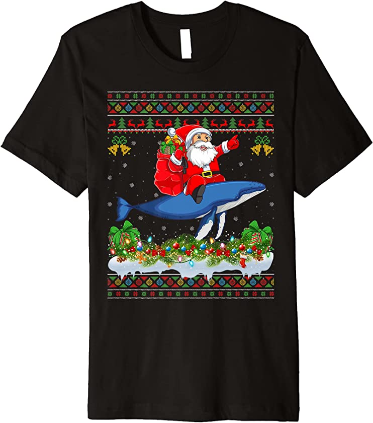 Blue Whale Lover Xmas Ugly Santa Riding Blue Whale Christmas Premium T-Shirt