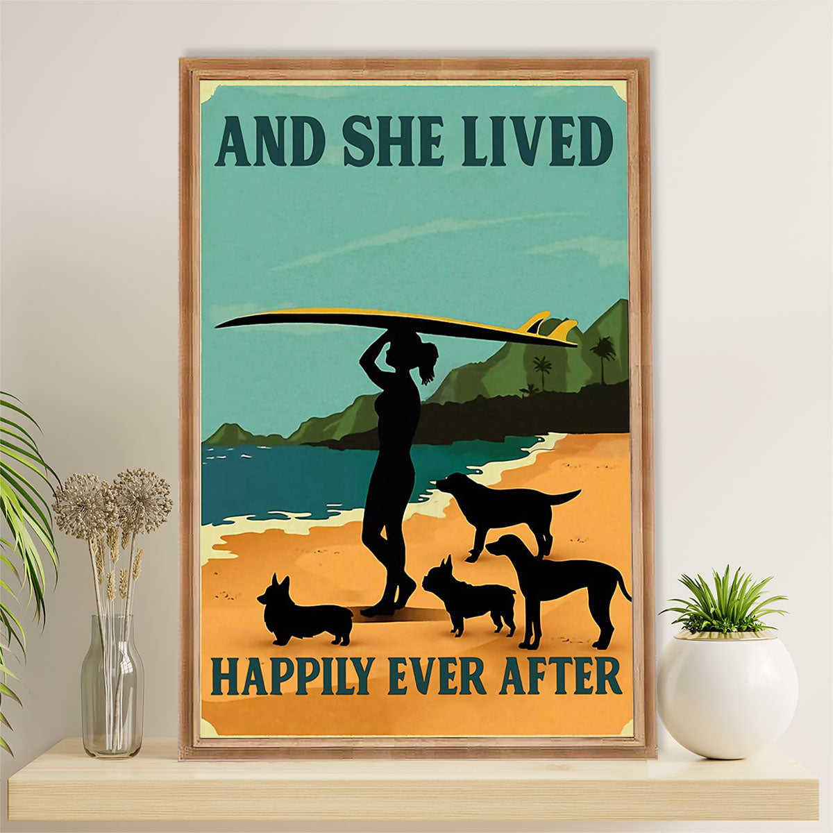 Water Surfing Canvas Wall Art Prints | Girl With Surfboard & Dogs – She Lived Happily | Home Décor Gift For Beach Surfer