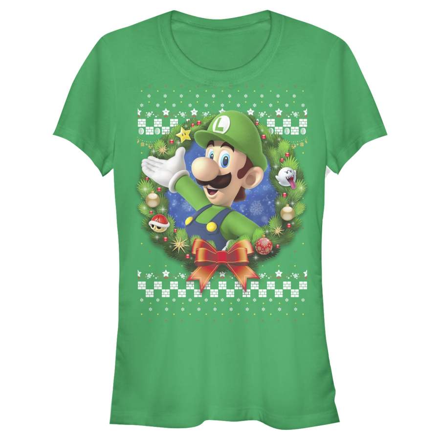 Nintendo Junior’s Christmas Luigi Wreath  T Shirt