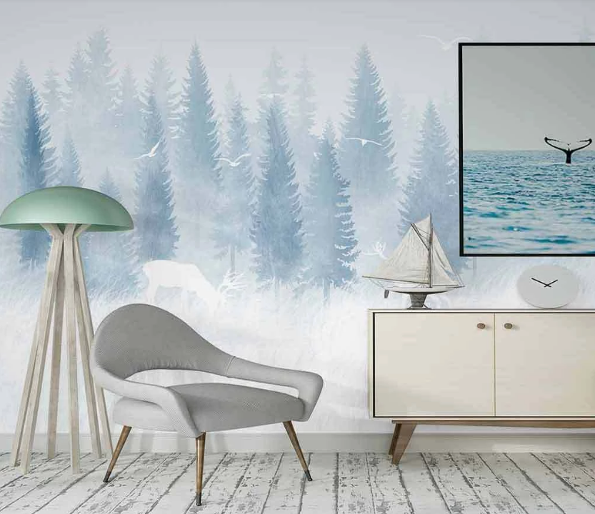 3D Hand Drawn Watercolour Blue Tree Plant White Buck Animal Background Wall Mural Wallpaper Lxl