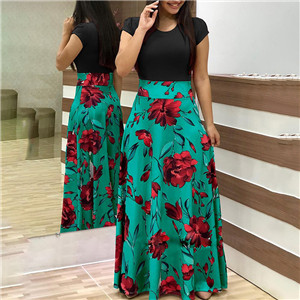 Two Pieces Dress Women Short Sleeve Robe Long Flower Floral Dress Fashion Long Women New Female Summer Beautiful A-Line Dresses alx