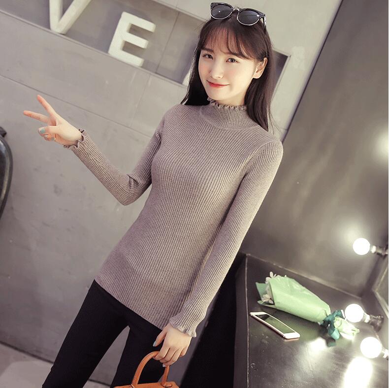 2021 new Korean winter knitting dress slim in the long section of lotus leaf half turtleneck striped sweater alx