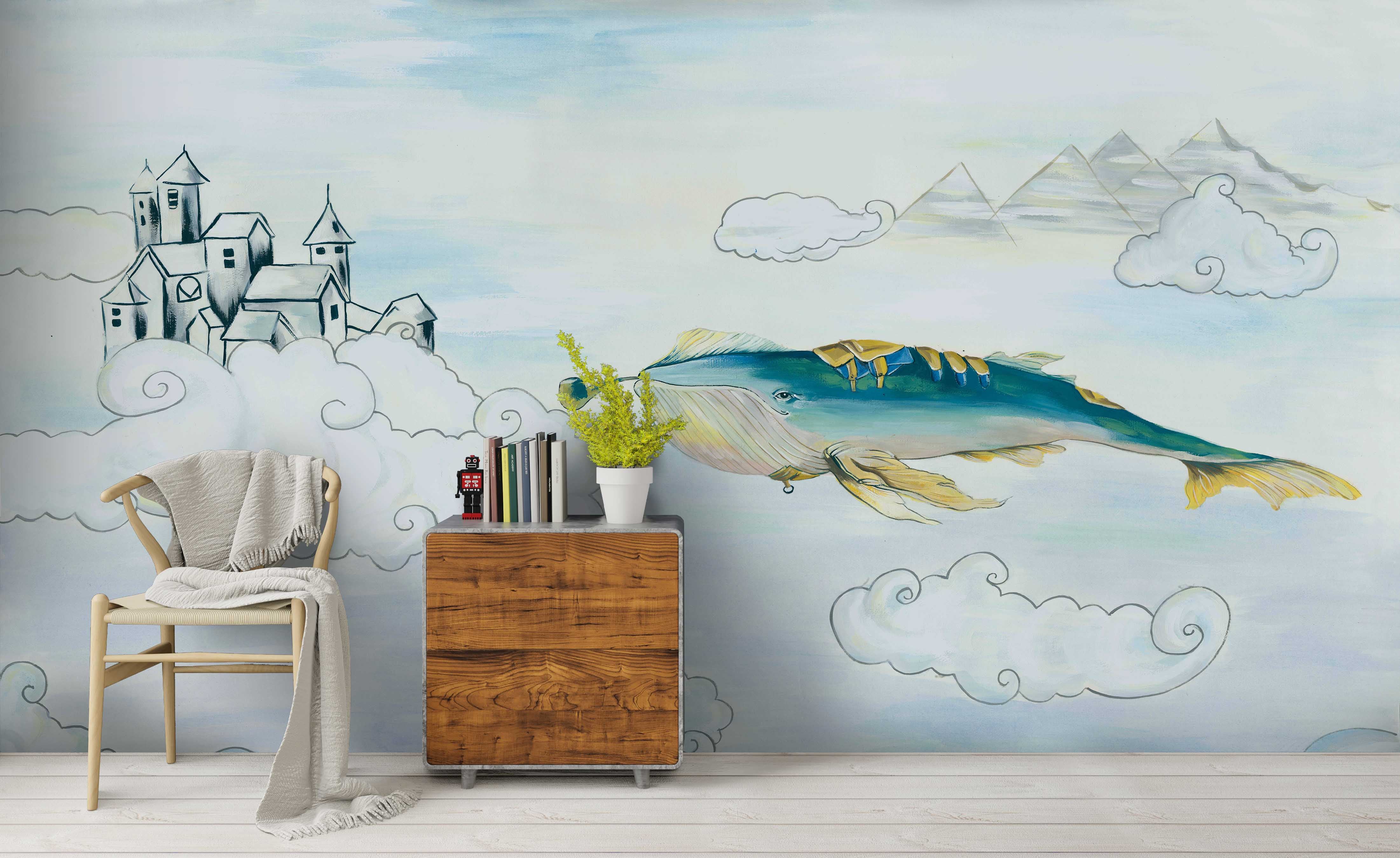 3D Hand Drawn Castle Dolphin Wall Mural Wallpaper Lqh 182