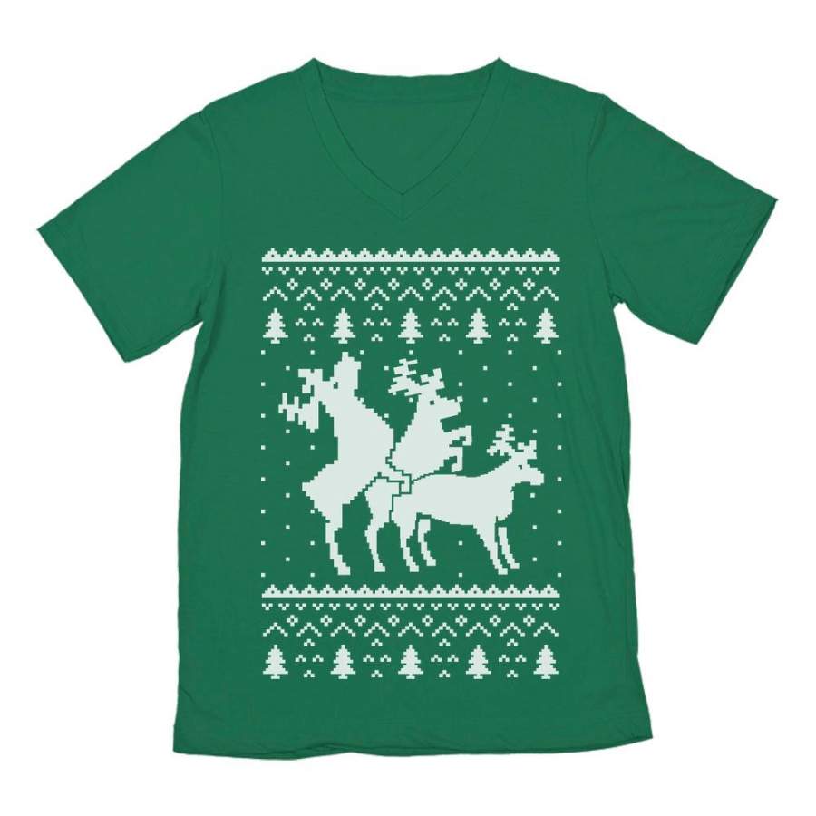 Ugly Christmas Party Sweater Humping Reindeer Threesom V-Neck T-Shirt